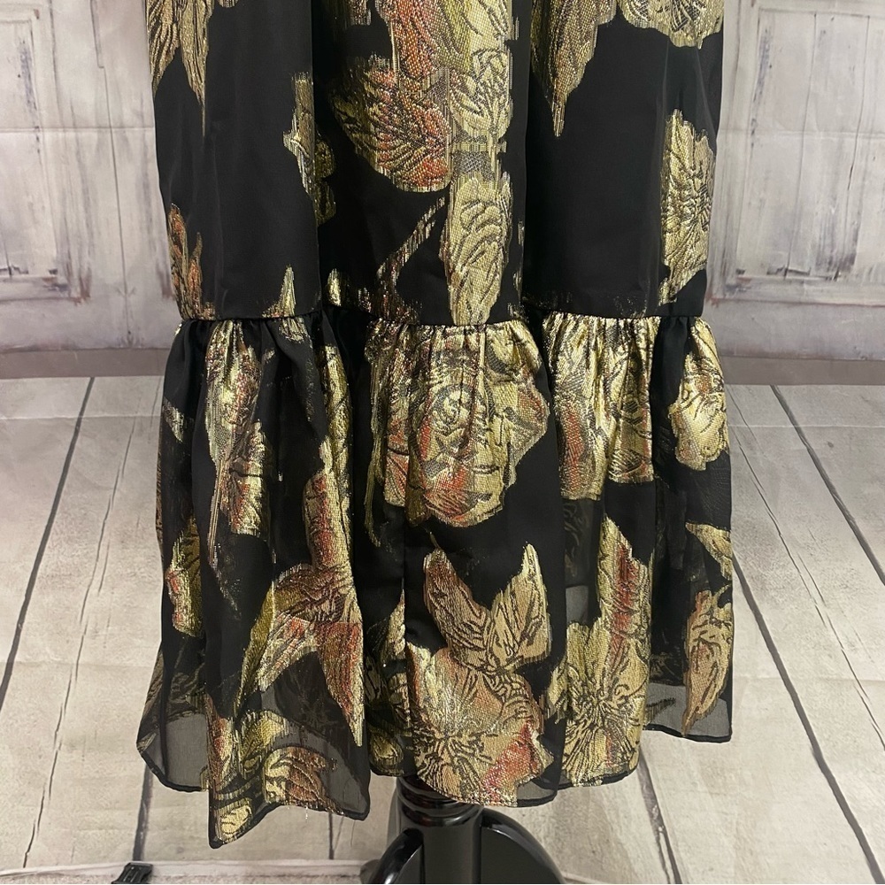 Alex Marie Black Gold Mock Neck Puff Sleeve Midi Dress Belted Pockets Cocktail - Picture 5 of 16